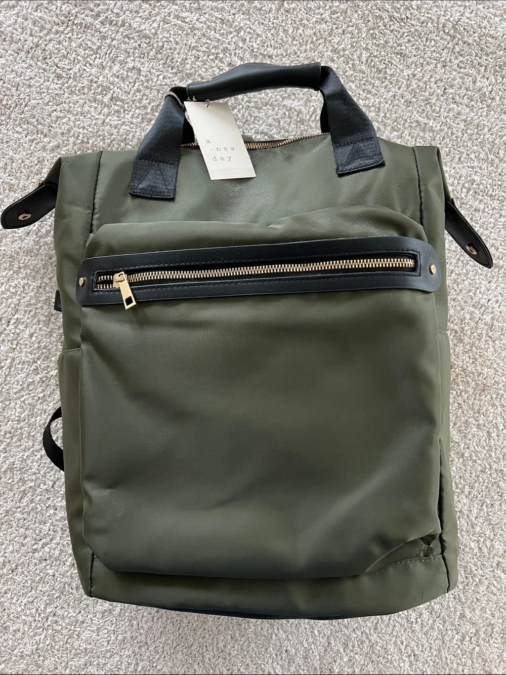 a new day Olive Green Backpack with Gold Zipper and Black Trim